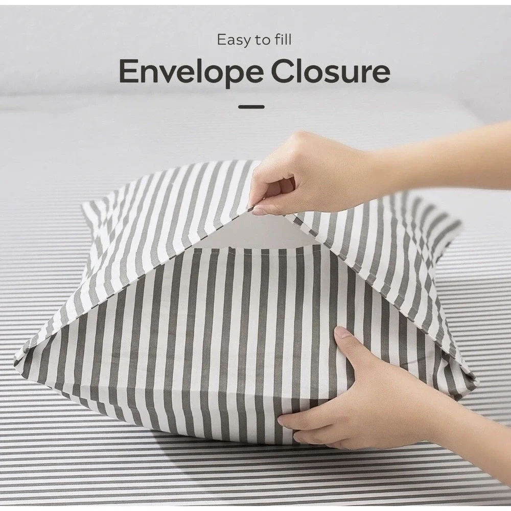 100% Natural Cotton Striped Standard Pillowcases Set 2 Pack White Khaki Jellymon